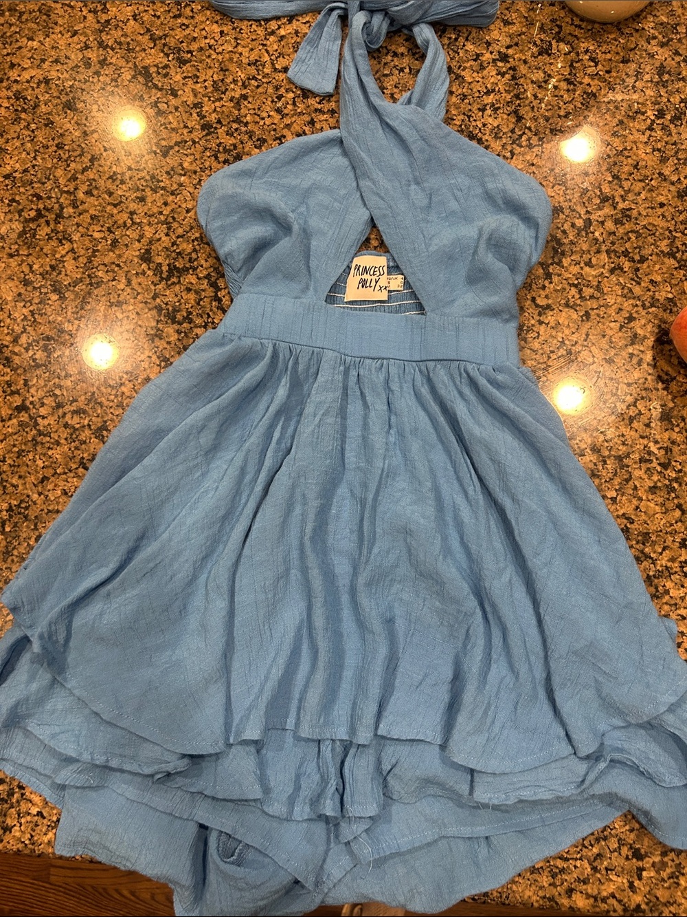Princess Polly size 0 Light Blue Halter ruffle shorts romper
